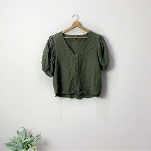 [Express] Dark Olive Green Short Puff Sleeve Button Down Linen Blend Top
